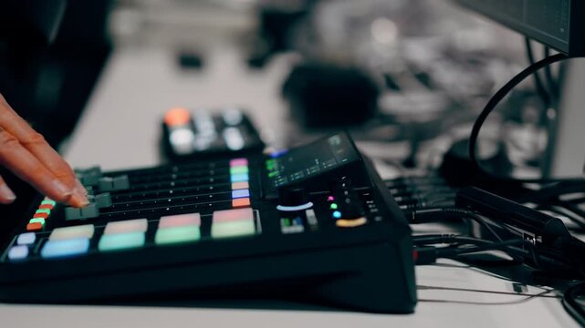Hand turning knob audio mixer control panel podcast studio setup. Professional sound engineer adjusting volume levels digital workstation hardware. Electronic music producer performing live broadcast