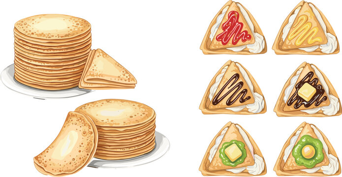 Pancake Stack and Toast Sandwich Collection with Sweet and Savory Toppings Breakfast Food Illustration Set for Cafe Menu and Bakery Design