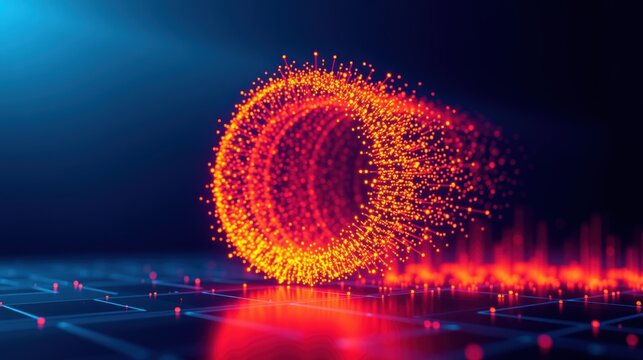 Bright particles forming circular shape above glowing grid. Futuristic digital concept, vibrant colors, dynamic energy flow.