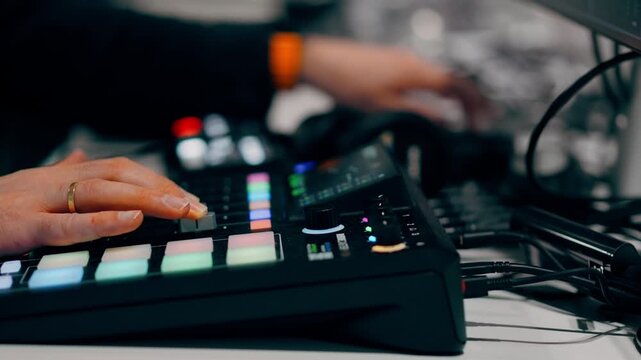 turning knob audio mixer colorful backlit pads podcast studio setup. Sound engineer adjusting levels digital workstation live broadcasting hardware interface. Professional music producer