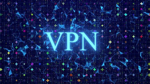 Abstract Digital Background Featuring A Glowing Blue VPN Text Centered Among Colorful Plus Signs And A Grid Pattern. Interconnected Plexus Lines And Floating Particles Represent Secure Data Encryption