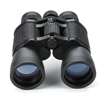 Close-up of Black Binoculars on White Background for Bird Watching.