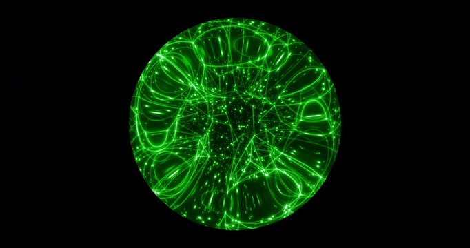 Seamless loop. An abstract luminous sphere demonstrates the dynamic motion of particles moving in a circle. The internal structure of many intertwining lines and dots alternately disintegrates and ref