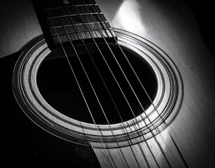 Obraz premium Dramatic black and white close up of acoustic guitar soundhole and strings
