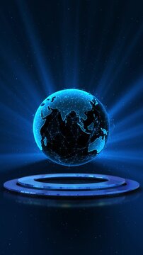 Futuristic HUD circle interfaces IoT Internet of Things Network globe. Digital technology network , Spinning blue digital hologram globe glitch effect. Global communications, connections cybersecurity