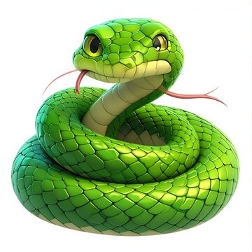 Cartoon Green Snake Coiled with Tongue Out on White Background.