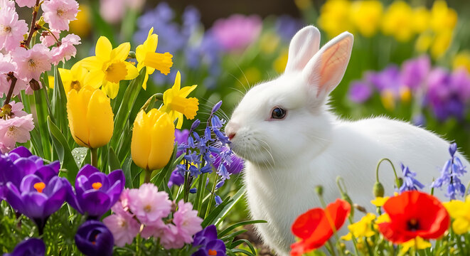 Adorable White Bunny Rabbit Sniffing Colorful Spring Flowers in a Blooming Garden