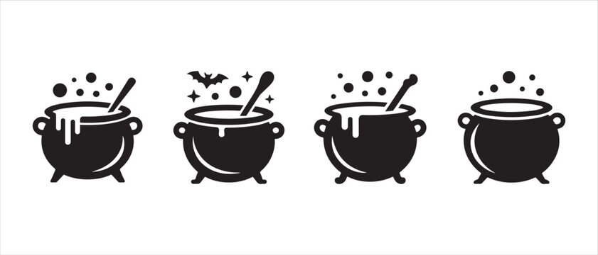 Witches cauldron collection with potion bubbles and bat, vector illustration.