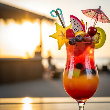 Refreshing Tropical Fruit Cocktail with Umbrellas and Starfruit at Beach Sunset