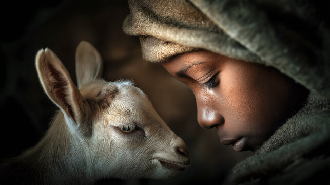 Young african child gently touches small goat kid with foreheads together in soft dramatic light with dark background creating intimate emotional moment. Concept of compassion and connection with anim