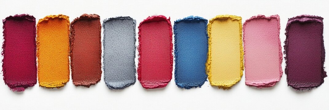 Colorful crushed eyeshadow or powder makeup swatches in a row showing various trendy shades from burgundy to orange, brown, grey, pink, blue, yellow creating artistic beauty palette.