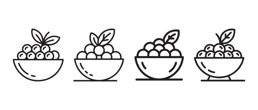 Set of four abstract line art bowls filled with berries and leaves, flat design vector illustration.