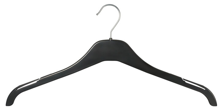 black plastic clothes hanger with silver metal hook isolated white background, contoured frame with textured non-slip shoulder inserts