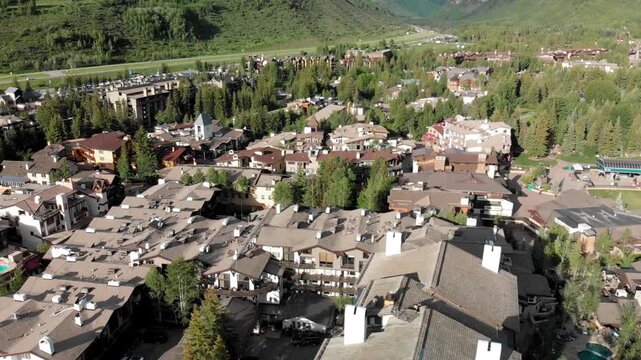 Vail, Colorado. Aerial city view on a beautiful sunny summer day. Slow motion