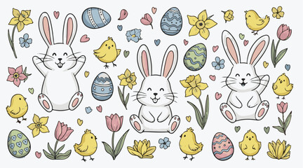 Obraz premium Cute easter set with funny bunnies, chicks, colorful eggs and spring flowers isolated on white background