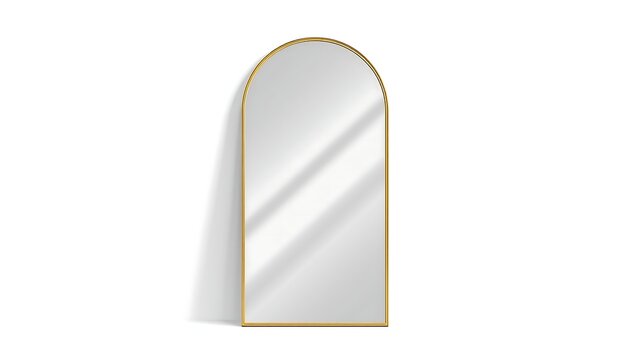 A tall, arched full-length mirror with a elegant golden frame, leaning against a white wall with soft shadow.