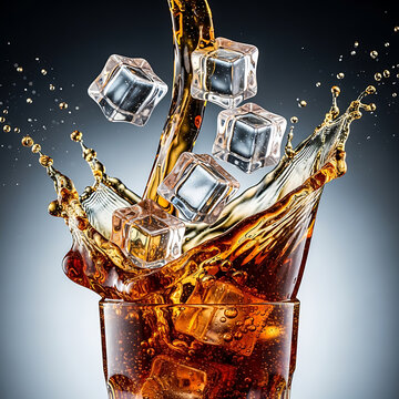 Refreshing Cola Pouring into Glass with Ice Cubes and Dynamic Liquid Splash on Grey Background