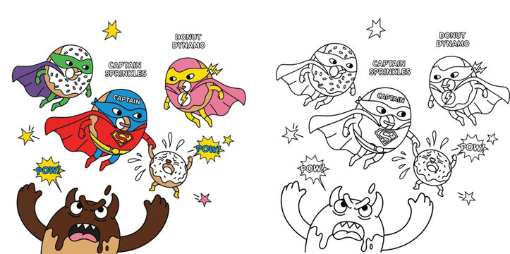 Superhero donut characters fighting a monster cartoon illustration set with black and white line art coloring page for kids