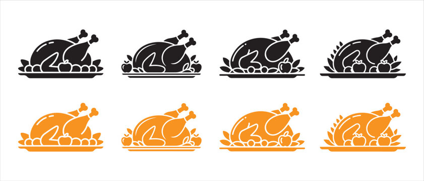 Set of Roasted Turkey Icons. in Black and Orange Flat Design Vector Illustration.