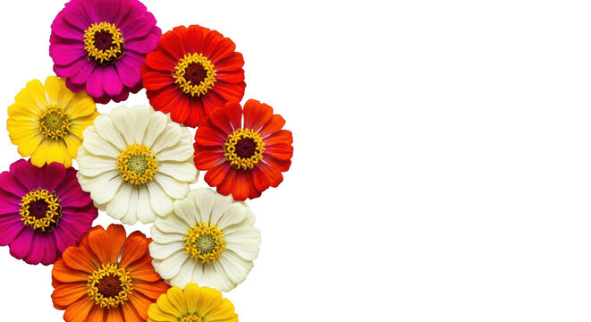 diverse collection of vibrant zinnia flowers, showcasing scarlet, magenta, and yellow petals in a sharp, organized flat lay composition on a transparent studio background. concept of elegant