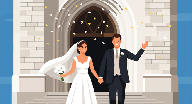 A happy bride and groom holding hands outside a church as confetti falls around