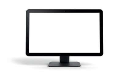 Fototapeta premium A contemporary all-in-one desktop computer with a blank white screen, positioned centrally on a white background.