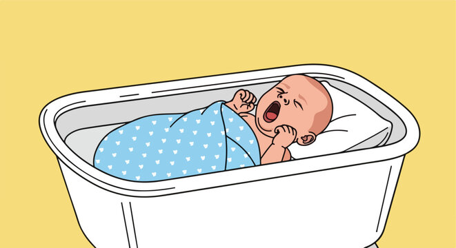 Crying newborn baby swaddled in blue blanket lying in a white hospital bassinet