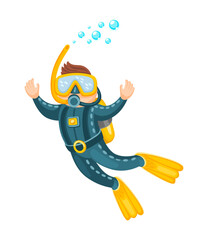 Ocean underwater man diver cartoon character. Underwater diver funny character, deep snorkeling isolated vector personage. Coral reef exploration mascot with man diving in yellow flippers and mask © Seavector