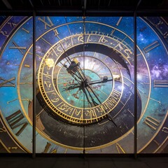 Naklejka premium Intricate Astronomical Clock Display with Celestial Background and Roman Numerals.