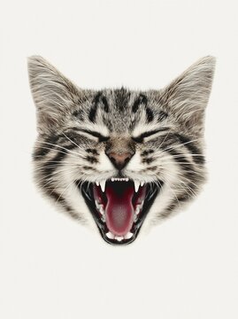 Close-up portrait of tabby kitten laughing with wide open mouth showing fangs and tongue on white background for funny meme