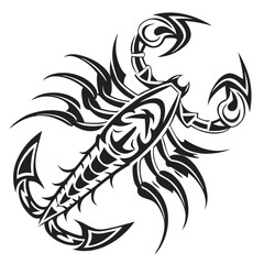 Naklejka premium Stylized black scorpion with patterned body and raised tail scorpion arachnid silhouette creature mythology aggressive segmented