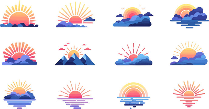 Sunrise sunset icons collection, flat minimalist sun rays, horizon ocean sea waves, mountain landscape, weather weather symbols, abstract geometric nature elements, isolated vector set