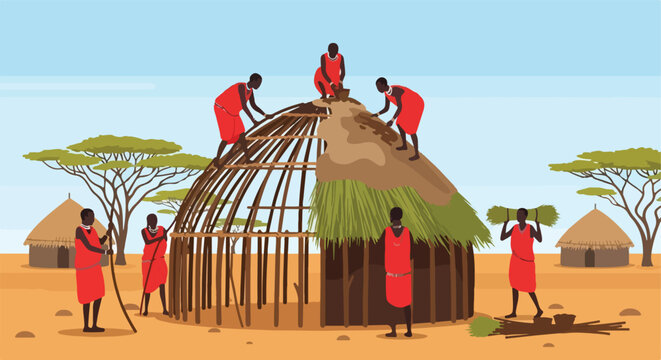 African tribal community building a traditional mud hut in a savanna landscape