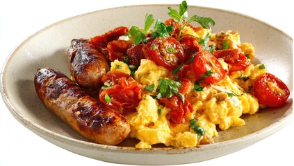 Naklejka premium Delicious breakfast plate of scrambled eggs tomatoes and sausages