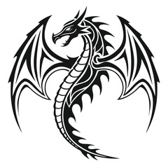 Obraz premium Tribal dragon with spread wings black ink design mythical creature illustration silhouette medieval powerful aggressive gargoyle