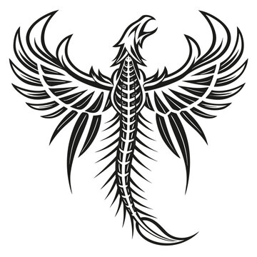 Tribal phoenix bird with outstretched wings and fiery body mythical creature immortal illustration silhouette feathers powerful