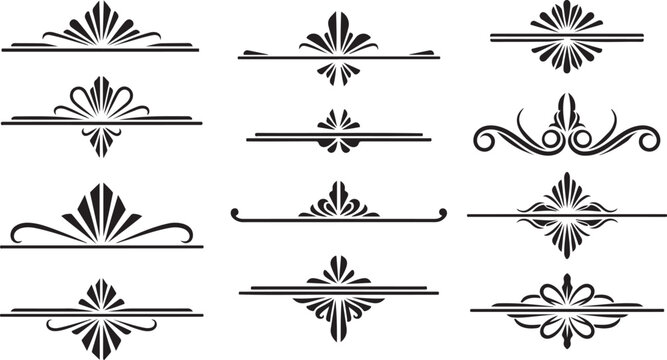 Collection of ornate black vector dividers and decorative line art elements.Ornate black and white vector illustration 