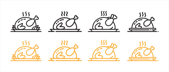 Set of roasted chicken icons, flat design, line art and filled style, steam, vector illustration. © CreatetiveDesignX