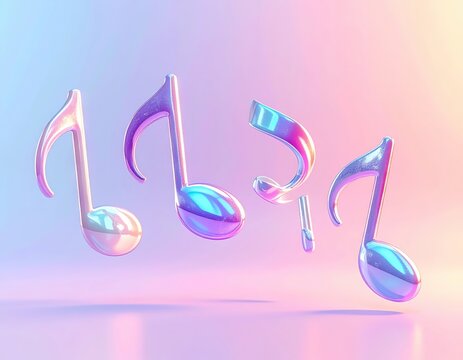 Holographic Iridescent Musical Notes Floating on Pastel Gradient Background