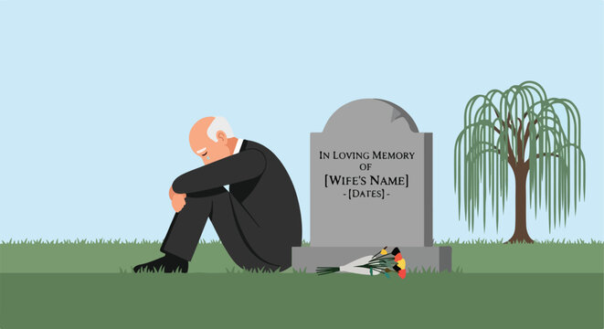 Sad elderly man grieving by his wife's gravestone in a cemetery with a willow