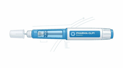 Obraz premium A detailed illustration of a blue and white medical injection pen with a clear window showing the internal mechanism.
