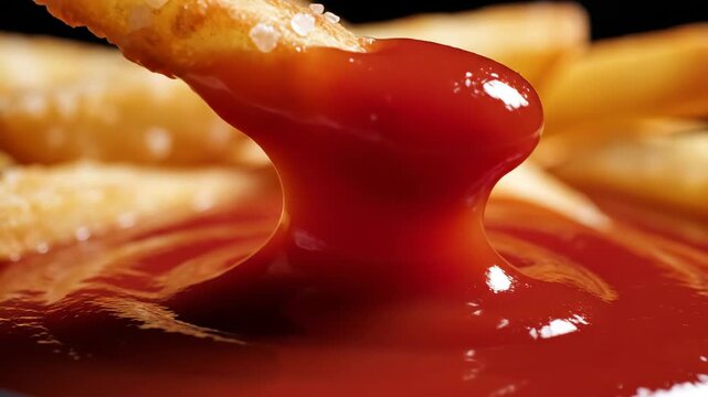 French fry being dipped into ketchup