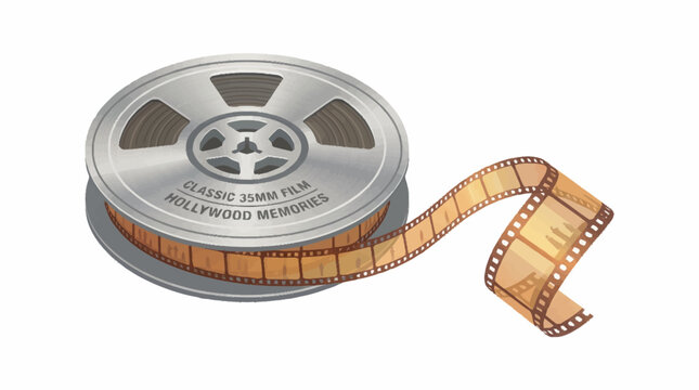 A vintage film reel with "Classic 8mm Film Hollywood Memories" inscribed on its side, with a strip of film unspooling.