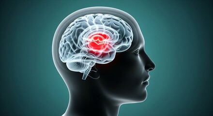 Fototapeta premium 3D Illustration of Human Brain with Red Highlight Indicating Activity or Issue