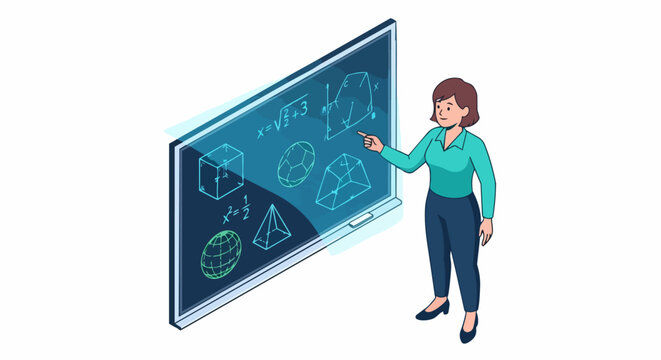 Isometric Illustration of a Female Teacher Explaining Geometry and Math Formulas on a Digital Whiteboard for Online Education and STEM Learning