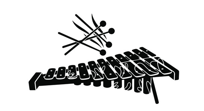 Xylophone musical instrument with paired mallets displayed in a stark black and white graphic style.