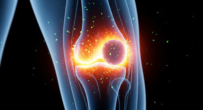 3D illustration of inflamed knee joint with glowing particles representing pain and inflammation