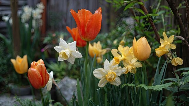 Vibrant spring flowers display an array of orange tulips and yellow daffodils blooming together