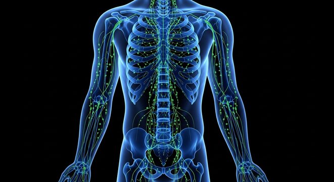 3D illustration of the human lymphatic system depicting nodes and vessels throughout the body