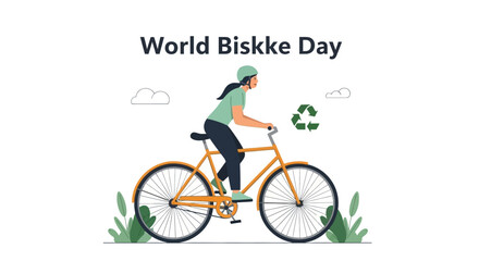 Obraz premium Woman cycling for World Biskke Day with recycling symbol